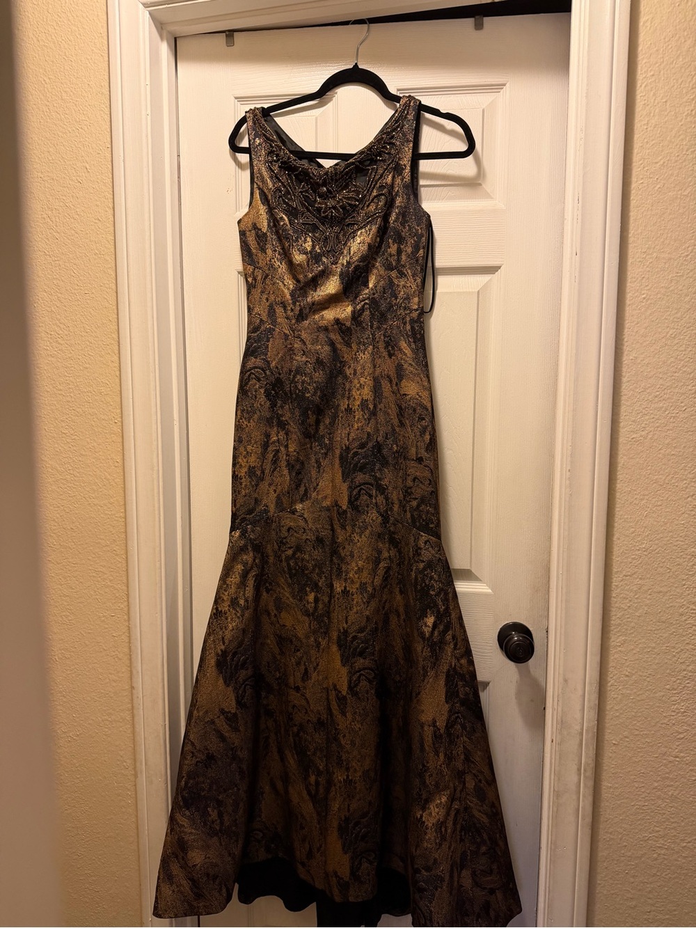 Theia Gold and Black Brocade Evening Gown